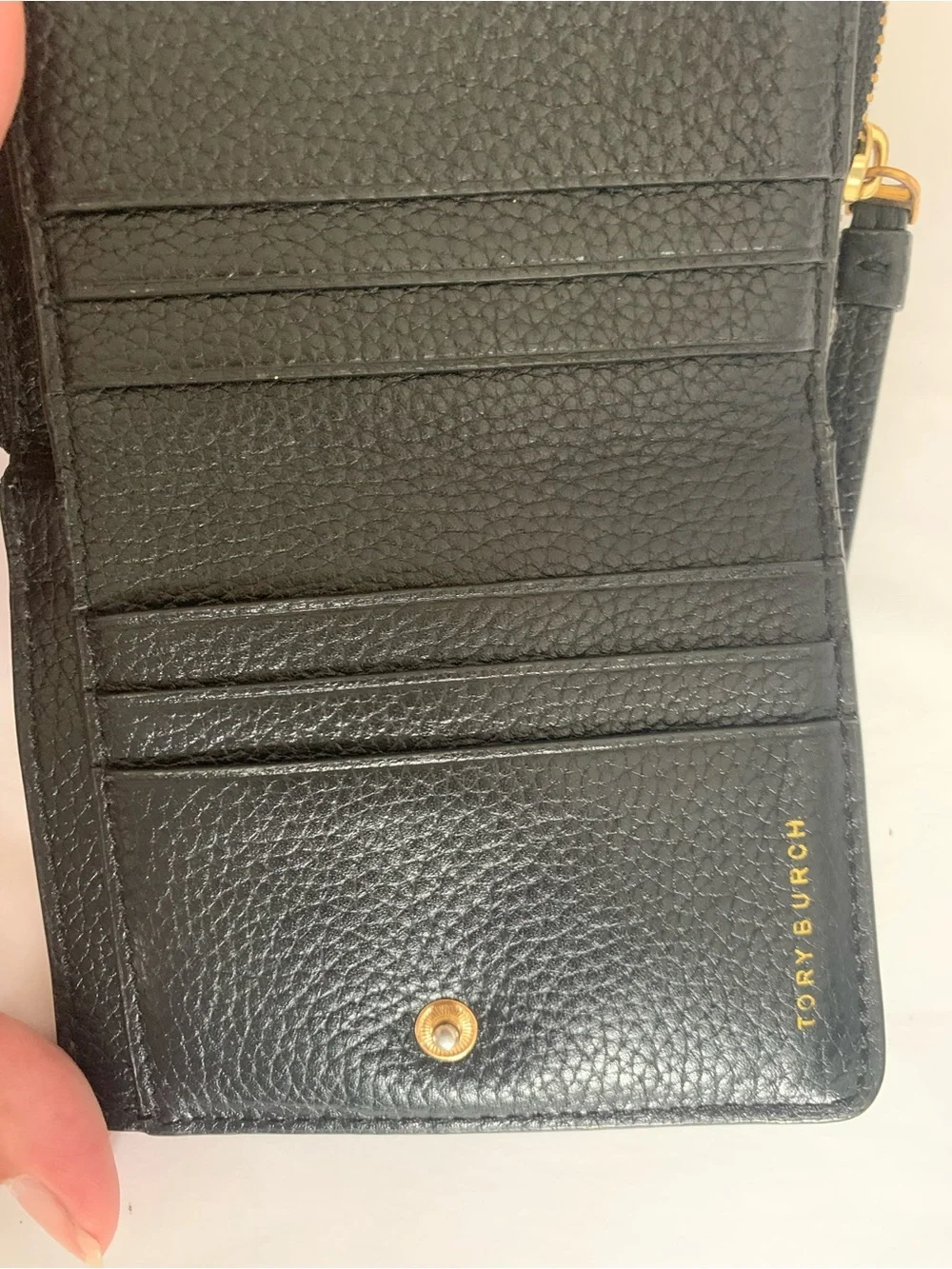 Tory Burch Black Pebbled Leather Zip Card Case with Logo